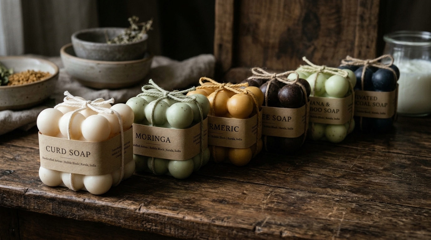 Full spectrum of 3D Bubble Cube curd soaps on rustic wood plank