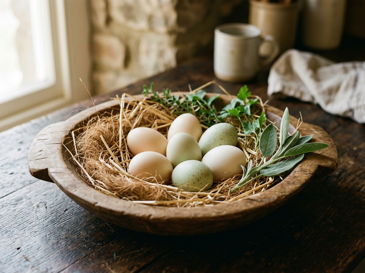 Pasture duck eggs in clean straw nest