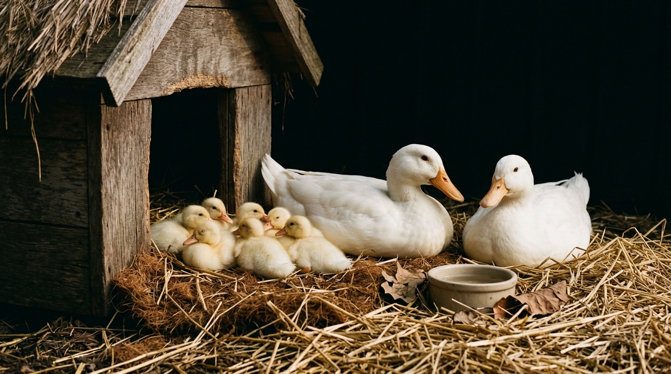 White Pekin duck family with ducklings by their wooden shelter on straw