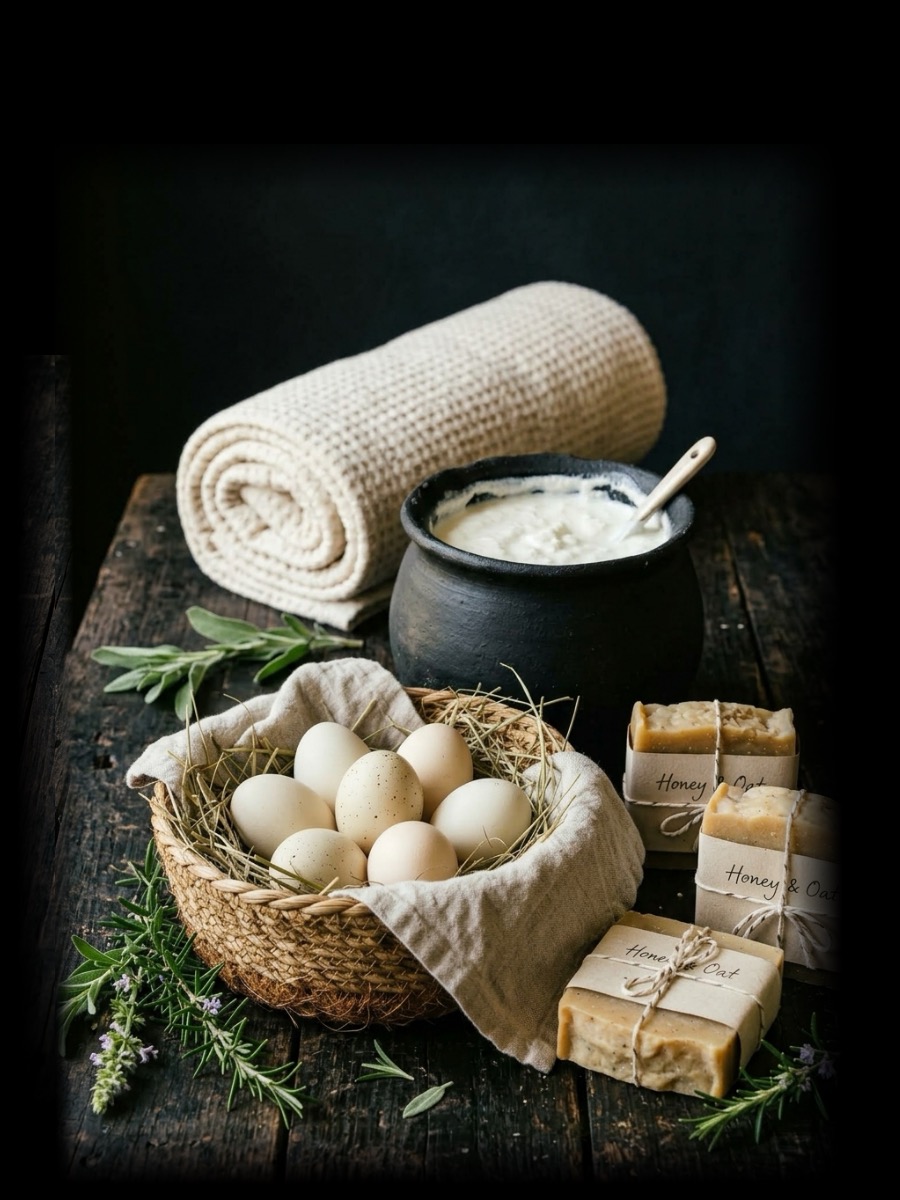 Artisanal coir straw basket with pasture duck eggs, handcrafted Honey & Oat cold-process soaps tied with textured cotton thread, black mud pot of fresh curd with wooden spoon, rolled waffle cotton quilt, and herbal stems